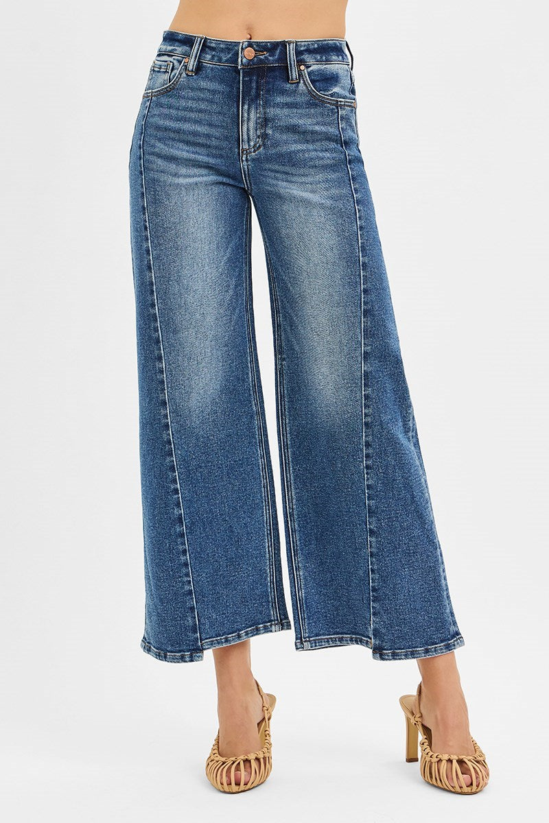 Risen High Rise Crop Wide Front and Back Sort Step Hem Jeans
