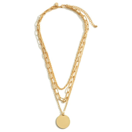 Layered Chain Link Necklace Featuring Circle Pendant.