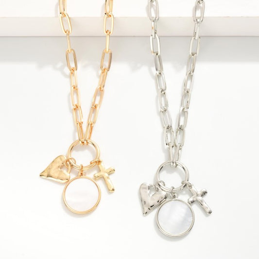 Necklace With Cross, Heart Pearl Charms