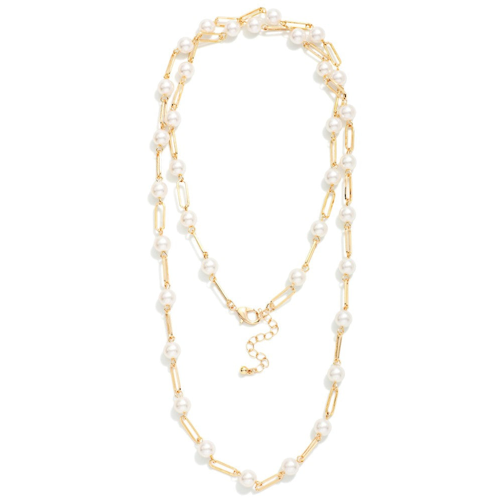 Long Chain Link Necklace w/ Pearls