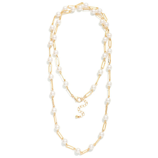 Long Chain Link Necklace w/ Pearls