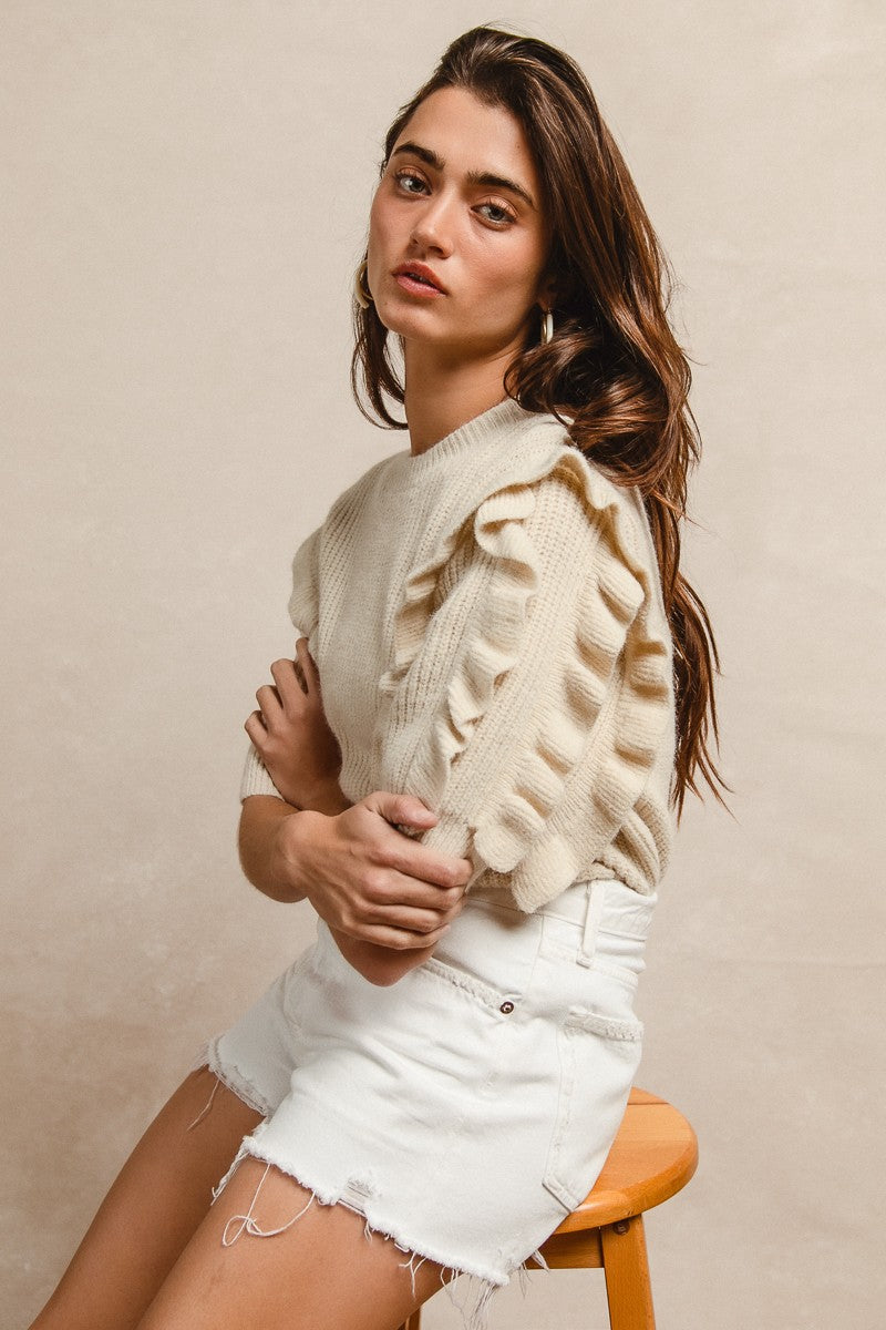Oatmeal Knit Ruffled Sleeve Sweater