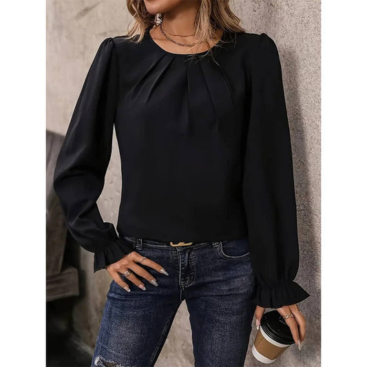Casual Crew Neck Ruched Long Sleeve Solid Shirt