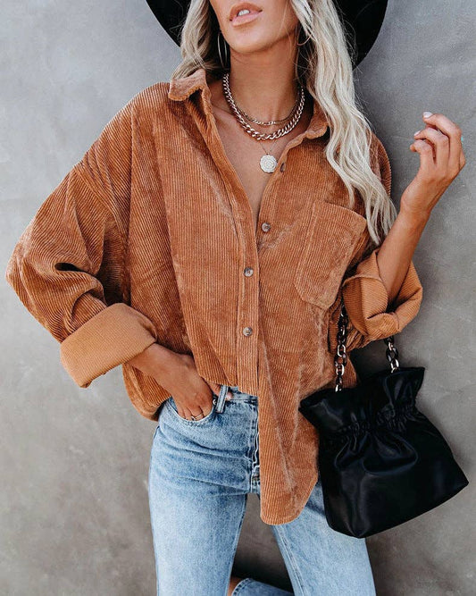 Oversized Corduroy Button-Up Shirt with Chest Pocket