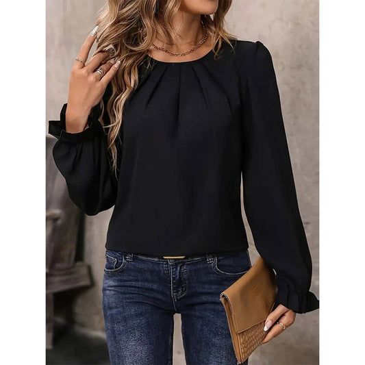 Casual Crew Neck Ruched Long Sleeve Solid Shirt