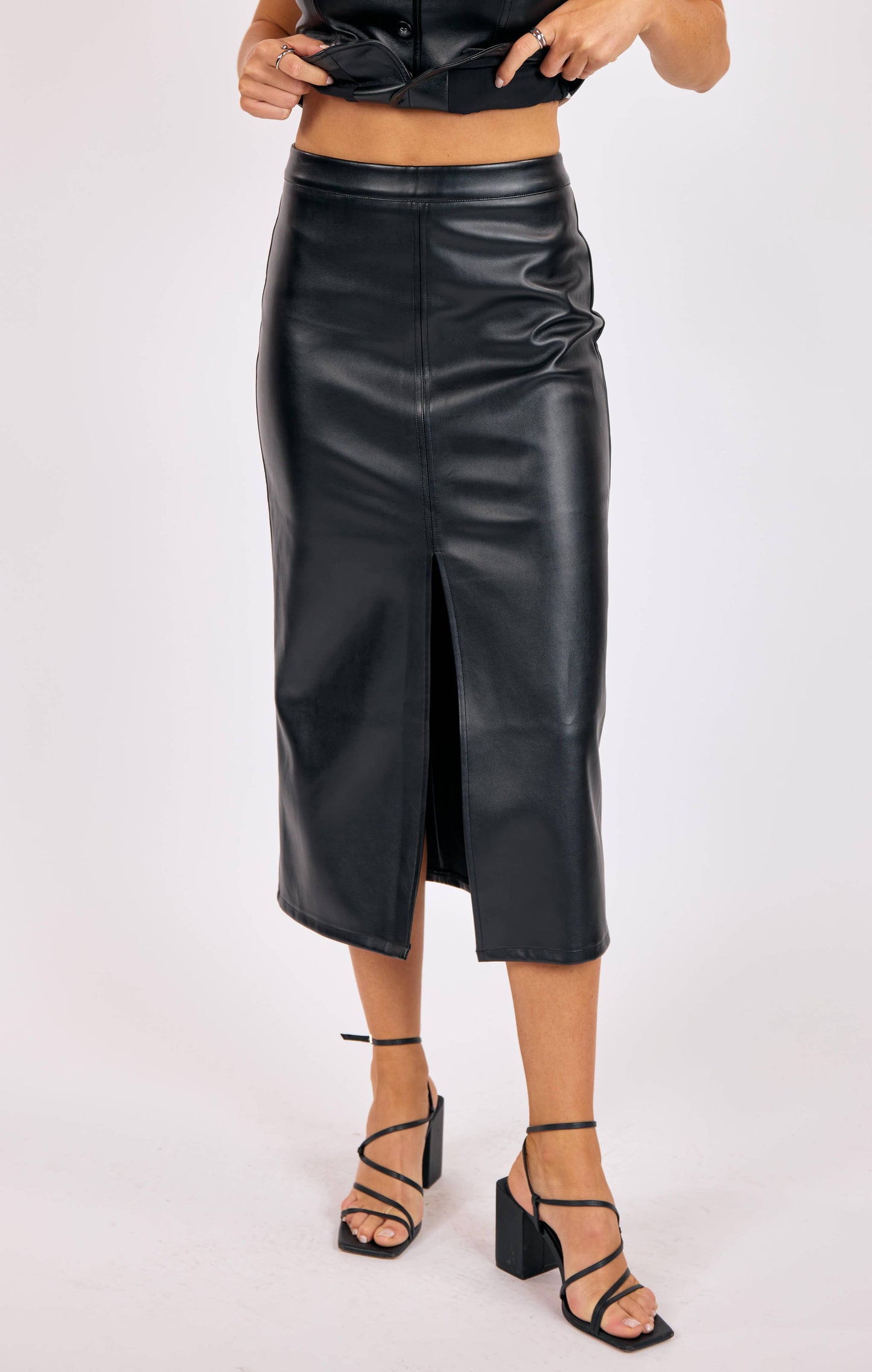 Vegan Leather Midi Pencil Skirt