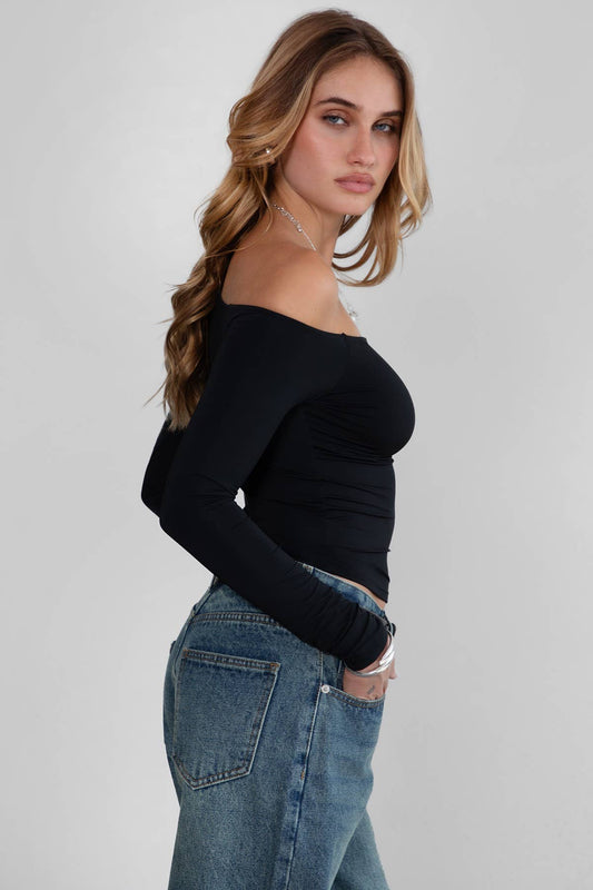 One-Shoulder Assymetrical Neckline Long-Sleeve Top