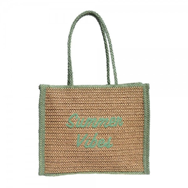Two Tone Straw "Summer Vibes" Tote Bag