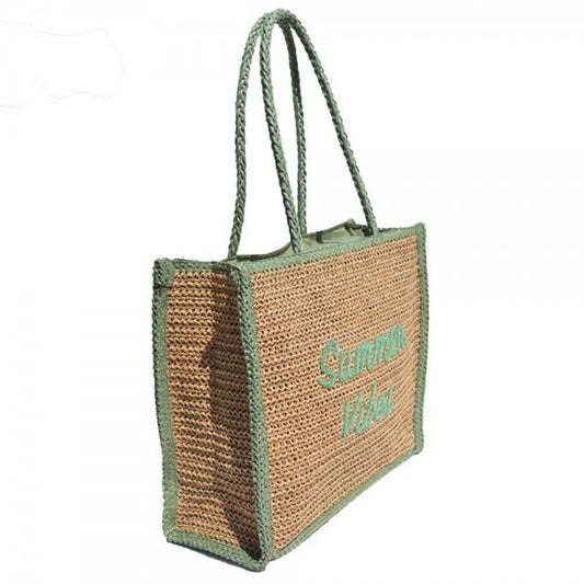 Two Tone Straw "Summer Vibes" Tote Bag