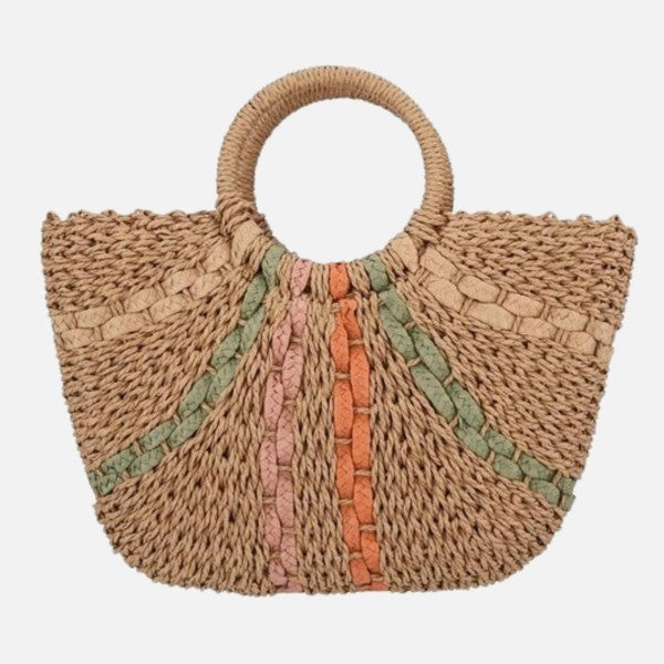 Woven Straw Tote Bag With Fanned Stripes Detail