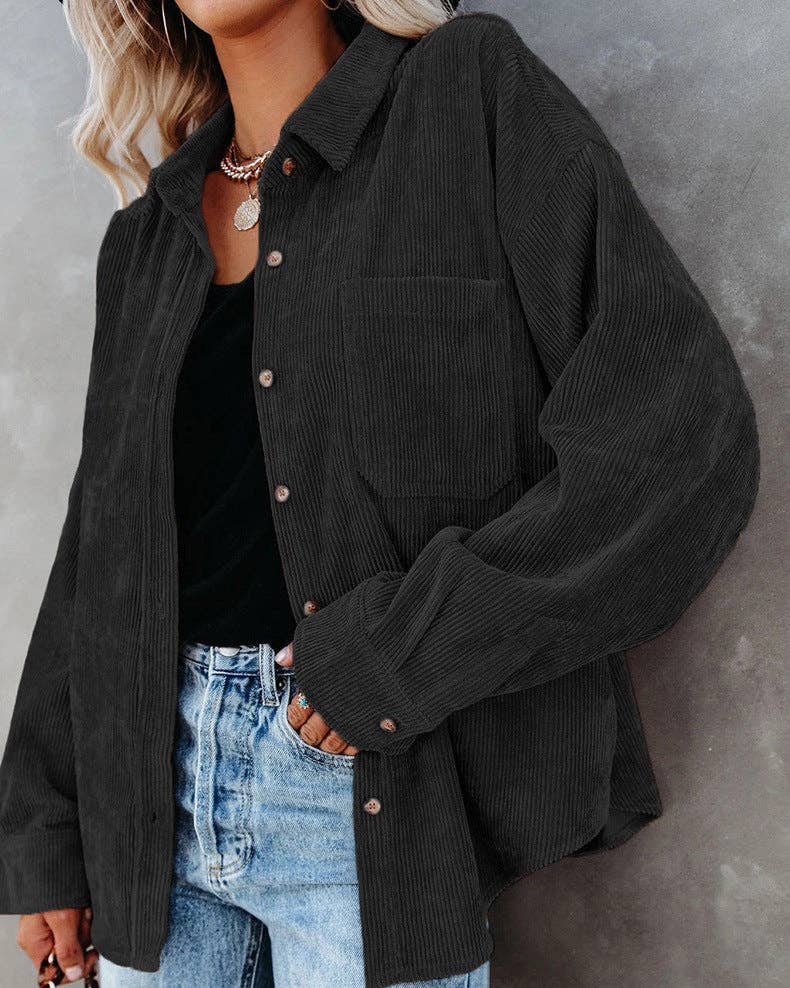 Oversized Corduroy Button-Up Shirt with Chest Pocket