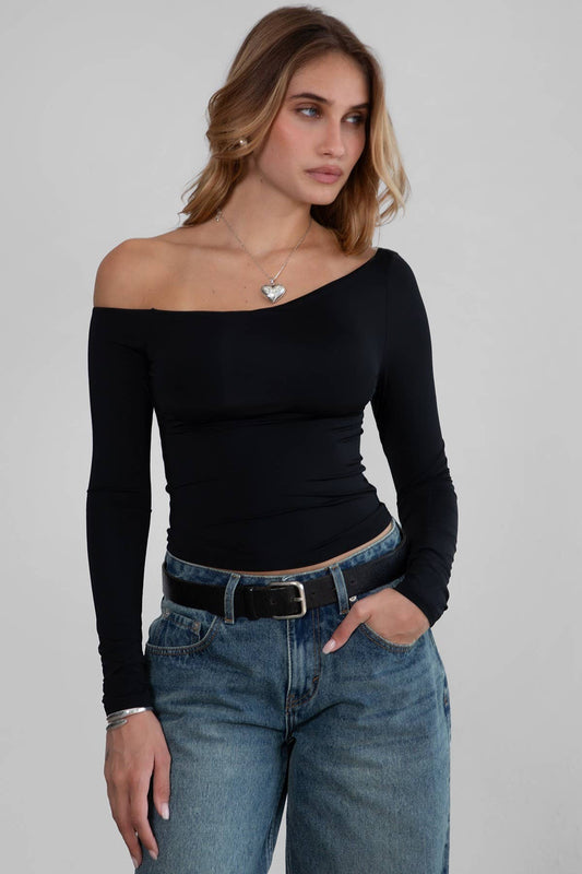 One-Shoulder Assymetrical Neckline Long-Sleeve Top