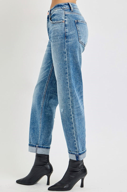 Risen High Rise Ankle Boyfriend Distressed Jeans