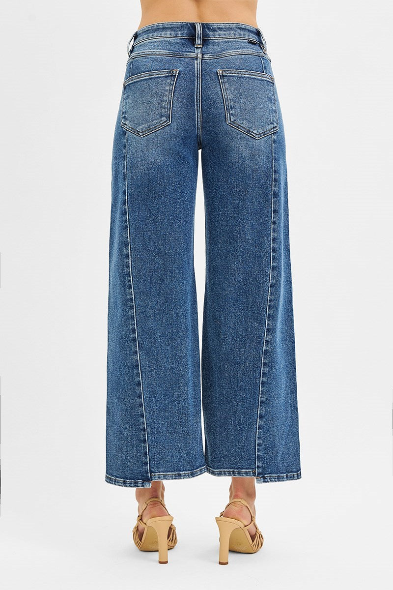 Risen High Rise Crop Wide Front and Back Sort Step Hem Jeans