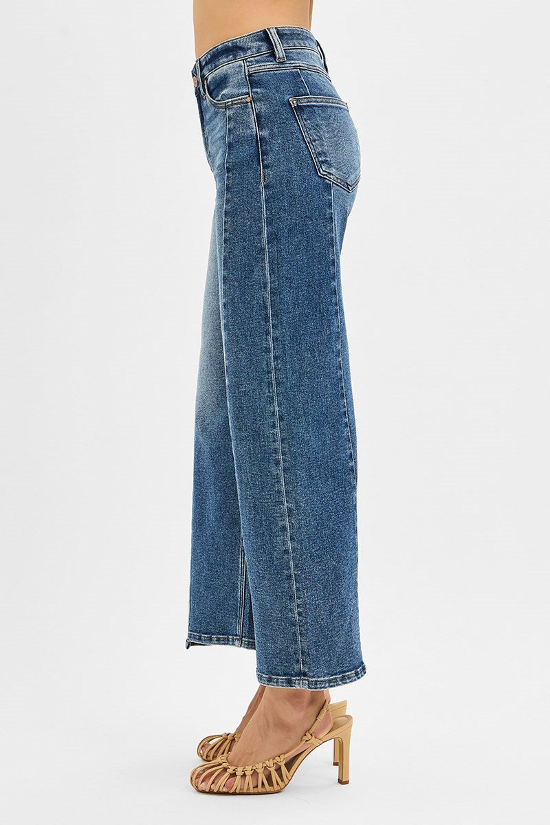 Risen High Rise Crop Wide Front and Back Sort Step Hem Jeans