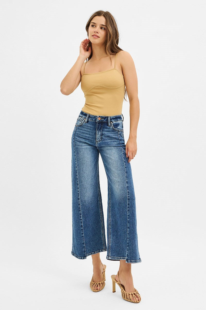 Risen High Rise Crop Wide Front and Back Sort Step Hem Jeans
