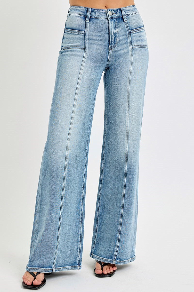 Risen Mid Rise Wide Leg Jeans with Patch Pocket