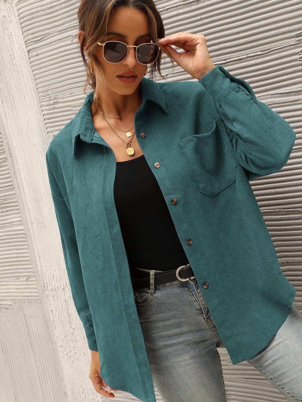 Oversized Corduroy Button-Up Shirt with Chest Pocket