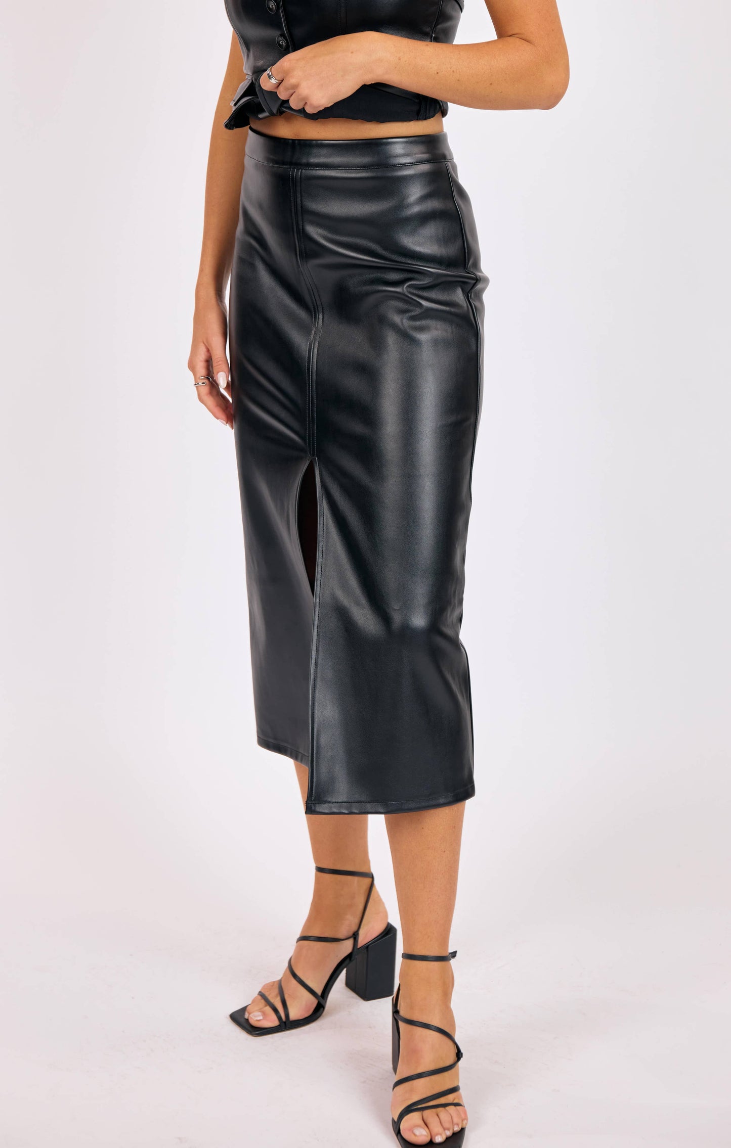 Vegan Leather Midi Pencil Skirt